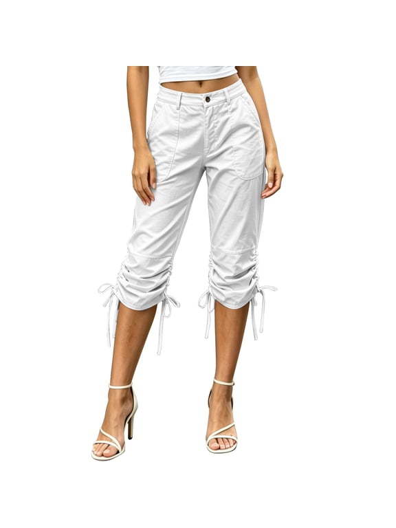 Women's Button Zipper Capri Cargo Pants Adjustable Drawstring Ruched Cuff Side Pockets Lightweight Loose Cropped Trousers