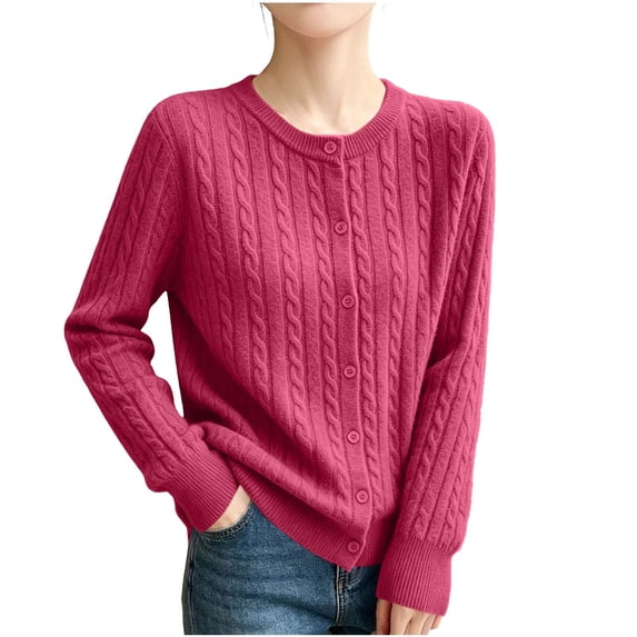 Iyufng Women's Cable Knit Crew Neck Cardigans Long Sleeve Button Front Casual Sweater