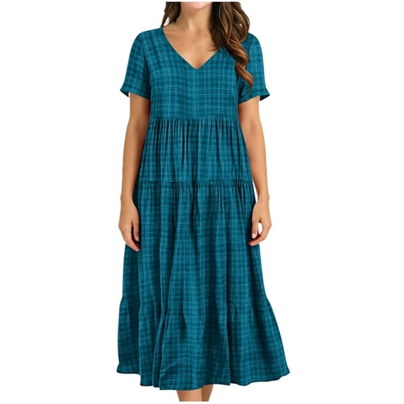 Iyufng Women's Checkered Dresses V-Neck Short-Sleeve Pleated Dress