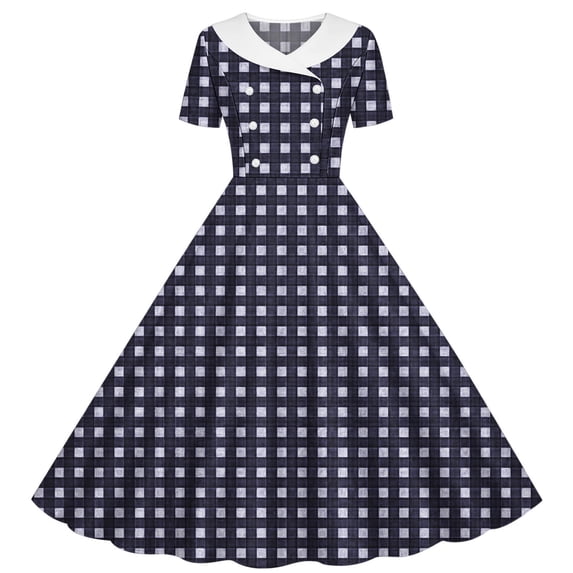 Iyufng Women's Checkered Printed Dresses Hepburn-Style Dress Fitted Waist Button-Down Dress