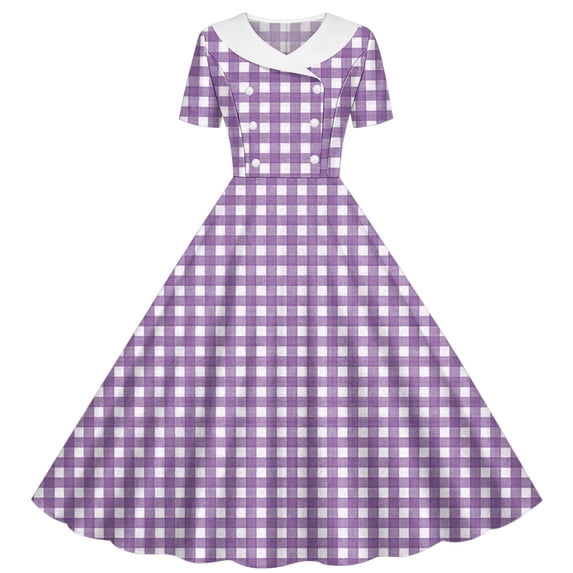 Iyufng Women's Checkered Printed Dresses Hepburn-Style Dress Fitted Waist Button-Down Dress