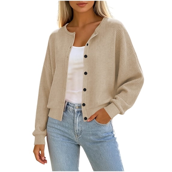 Iyufng Women's Crew Neck Knit Cardigans Button Down Drop Shoulder Loose Long Sleeve Casual Sweater Coat