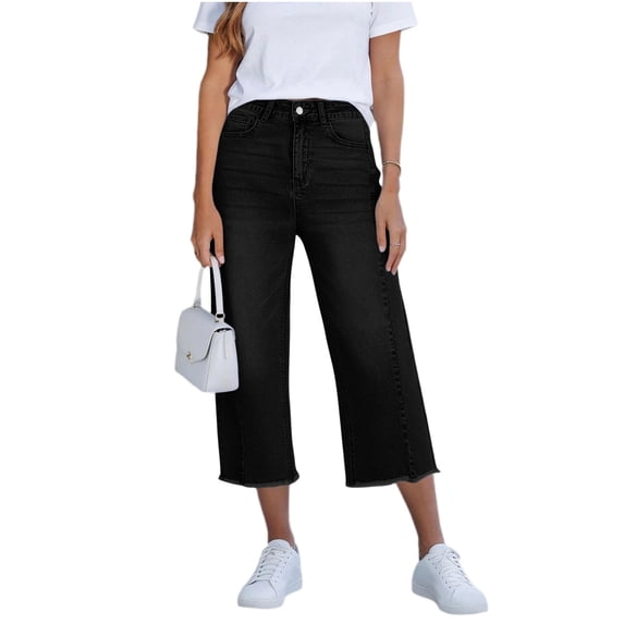 Iyufng Women's Denim Capri Pants Frayed Hem Mid Rise Straight Leg Side Pockets Stretch Loose Cropped Trousers