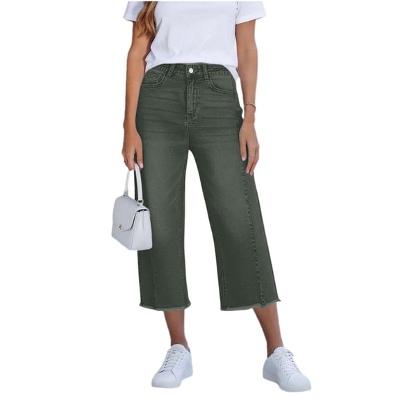Iyufng Women's Denim Capri Pants Frayed Hem Mid Rise Straight Leg Side Pockets Stretch Loose Cropped Trousers