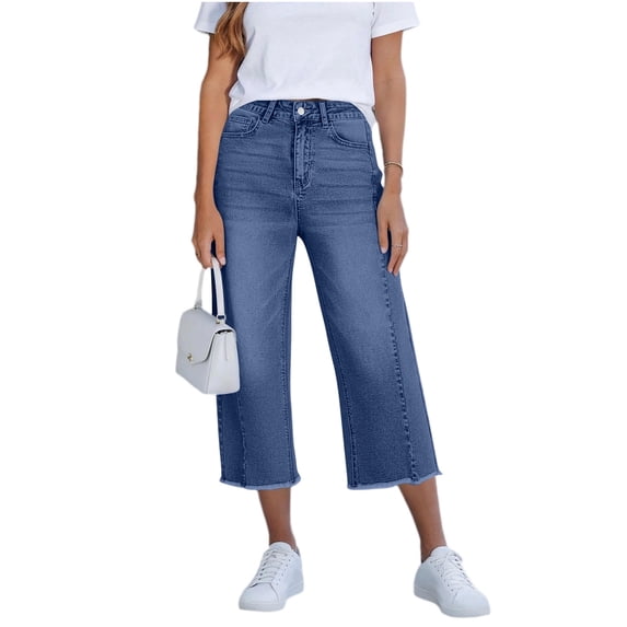 Iyufng Women's Denim Capri Pants Frayed Hem Mid Rise Straight Leg Side Pockets Stretch Loose Cropped Trousers
