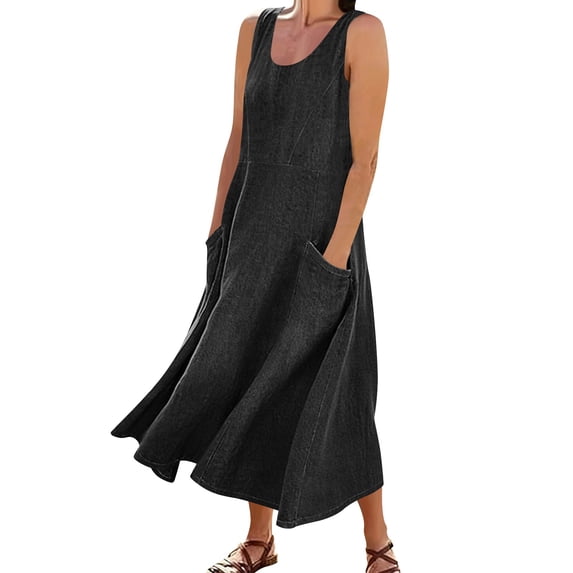 Iyufng Women's Denim Loose Dress Summer Casual Solid Color Long Fitting Sleeveless