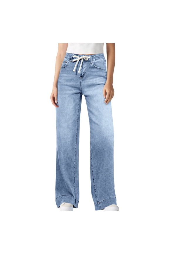 Women's Drawstring Wide Leg Jeans Loose Fit Straight Jeans