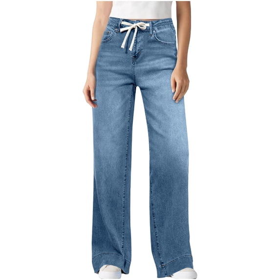 Iyufng Women's Drawstring Wide Leg Jeans Loose Fit Straight Jeans