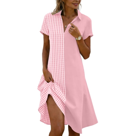 Iyufng Women's Dresses Checkered Patchwork Dress Summer Casual Loose-Fit Midi Dress
