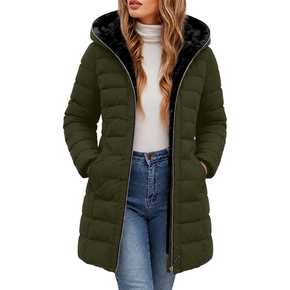 Iyufng Women's Fleece Lined Hooded Puffer Coat Zip Up Mid Length Warm Winter Jackets with Side Pockets