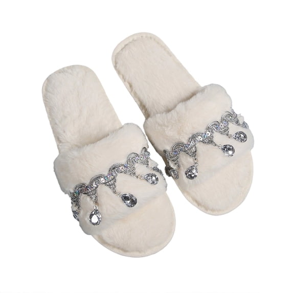 Iyufng Women's Fluffy Plush Open‑Toe Slippers Rhinestone Tassel Decor Soft Warm Winter Indoor House Slides