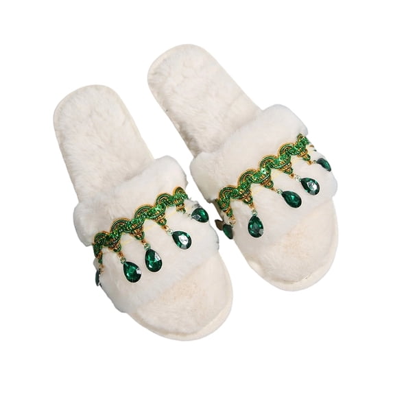 Iyufng Women's Fluffy Plush Open‑Toe Slippers Rhinestone Tassel Decor Soft Warm Winter Indoor House Slides