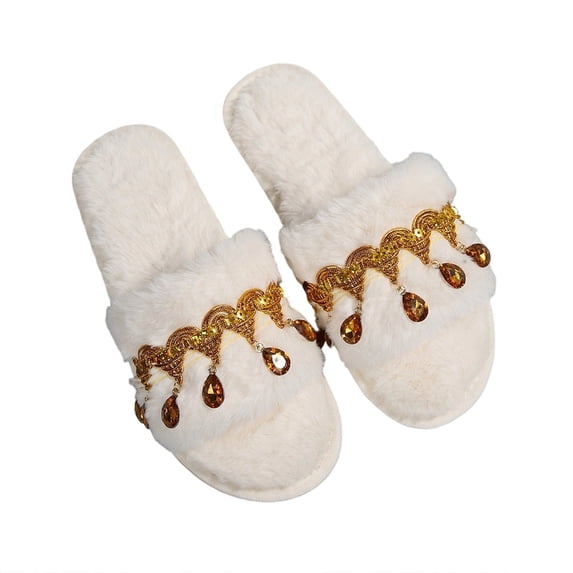 Iyufng Women's Fluffy Plush Open‑Toe Slippers Rhinestone Tassel Decor Soft Warm Winter Indoor House Slides