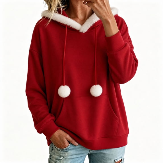 Iyufng Women's Fuzzy Fur Trim Hoodies Pom‑pom Drawstrings Long Sleeve Loose Casual Pullover Sweatshirts with Kangaroo Pocket