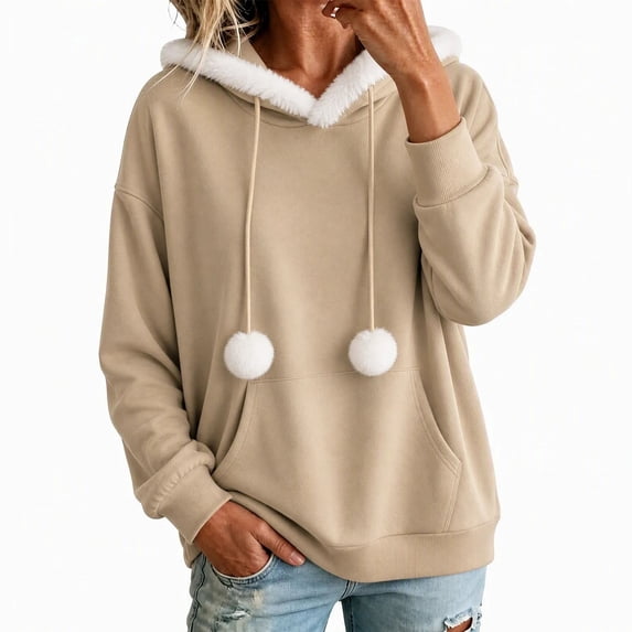 Iyufng Women's Fuzzy Fur Trim Hoodies Pom‑pom Drawstrings Long Sleeve Loose Casual Pullover Sweatshirts with Kangaroo Pocket