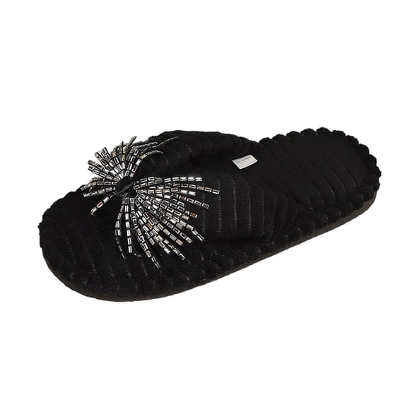 Iyufng Women's Fuzzy Plush Thong Slippers Sparkly Rhinestone Bow Decor Soft Cozy Indoor House Flip Flop Slides