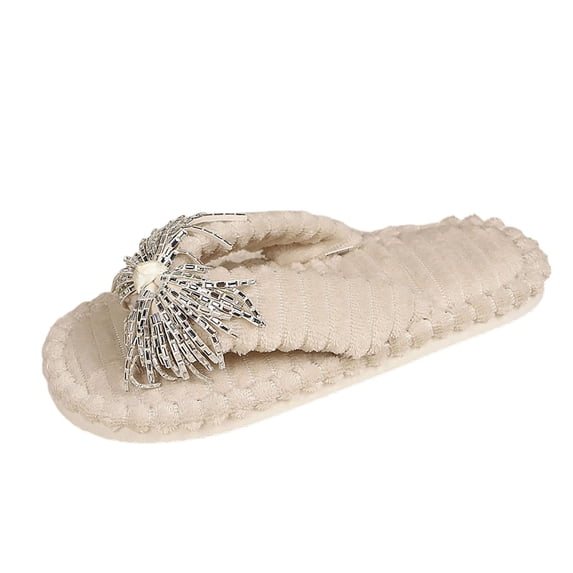 Iyufng Women's Fuzzy Plush Thong Slippers Sparkly Rhinestone Bow Decor Soft Cozy Indoor House Flip Flop Slides