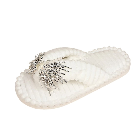 Iyufng Women's Fuzzy Plush Thong Slippers Sparkly Rhinestone Bow Decor Soft Cozy Indoor House Flip Flop Slides