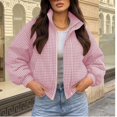 thumbnail image 1 of Iyufng Women's Gingham Plaid Stand Collar Jackets, Long Sleeve Loose Cropped Casual Zip Up Lightweight Outerwear, 1 of 9