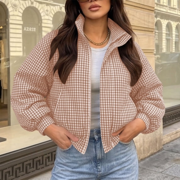 Iyufng Women's Gingham Plaid Stand Collar Jackets, Long Sleeve Loose Cropped Casual Zip Up Lightweight Outerwear