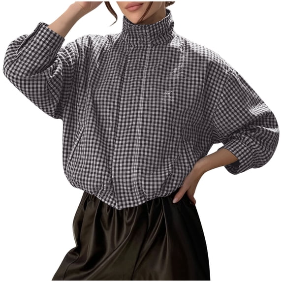Iyufng Women's Gingham Plaid Stand Collar Jackets, Long Sleeve Loose Cropped Casual Zip Up Lightweight Outerwear
