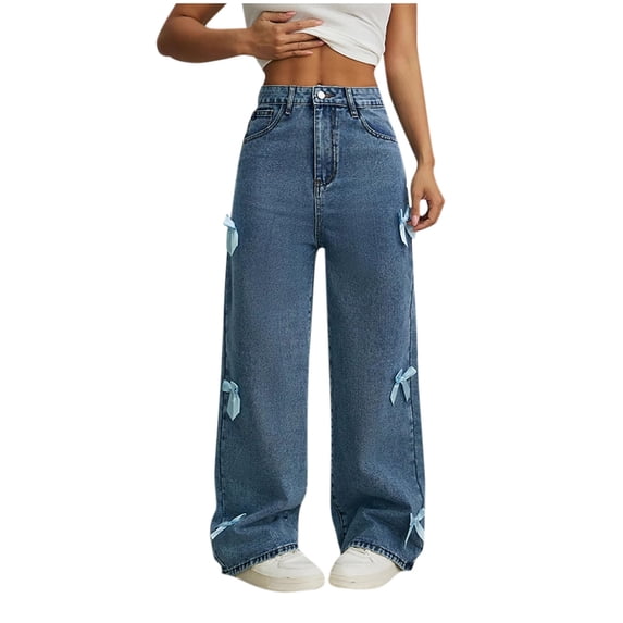 Iyufng Women's High Rise Bow Detail Straight Leg Jeans