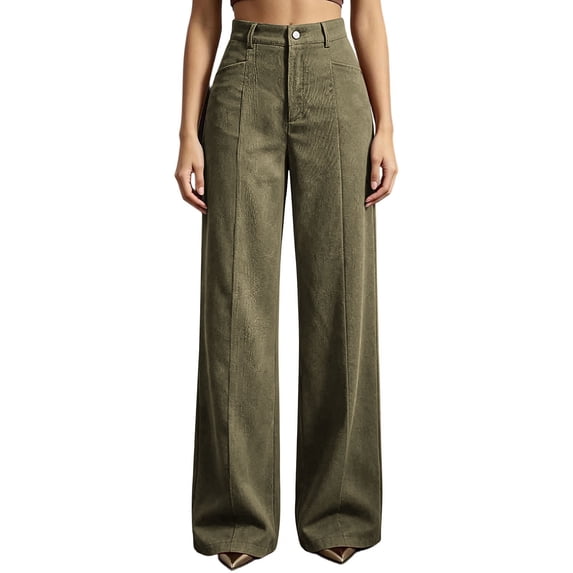 Iyufng Women's High Waist Corduroy Straight Leg Pants Back Elastic Waistband Button Casual Long Trousers