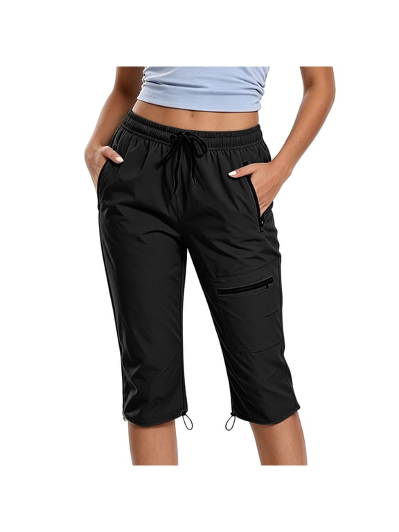 Women's Hiking Quick Dry Cargo Capri Pants with Zip Pockets, Summer Outdoor Casual Pants with Elastic Waist and Drawstring, Adjustable Cuffs
