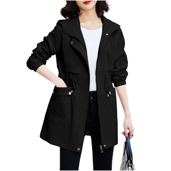 Iyufng Women's Hooded Drawstring Waist Trench Coat Elastic Cuffs Long Sleeve Flap Pocket Mid Length Windproof Outerwear