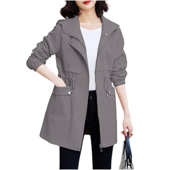 Iyufng Women's Hooded Drawstring Waist Trench Coat Elastic Cuffs Long Sleeve Flap Pocket Mid Length Windproof Outerwear