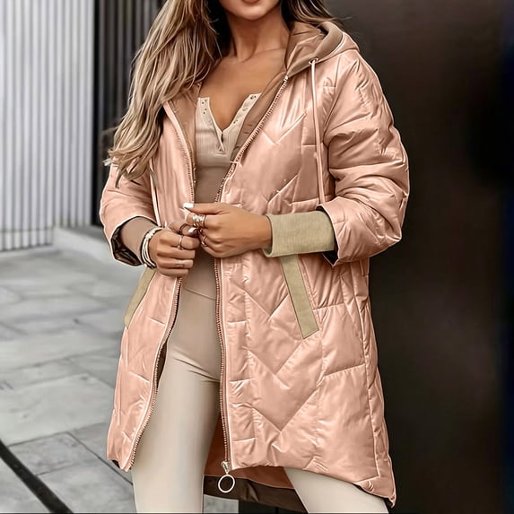 Iyufng Women's Hooded Quilted Mid Length Puffer Jackets, Zip Up High Low Winter Coat with Side Pockets
