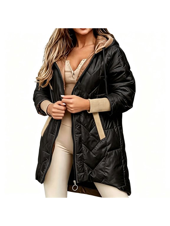 Women's Hooded Quilted Mid Length Puffer Jackets, Zip Up High Low Winter Coat with Side Pockets