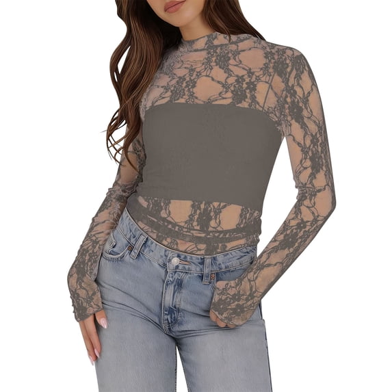 Iyufng Women's Lace Tops Solid-Color Mesh Turtleneck Blouses Fashionable Casual Top