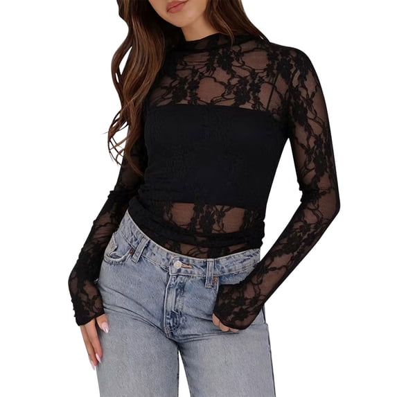 Iyufng Women's Lace Tops Solid-Color Mesh Turtleneck Blouses Fashionable Casual Top