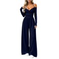 thumbnail image 1 of Iyufng Women's Off The Shoulder Strap Wrap V‑Neck Long Sleeve High Waist Casual Wide Leg Jumpsuits, 1 of 7