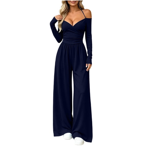 Iyufng Women's Off The Shoulder Strap Wrap V‑Neck Long Sleeve High Waist Casual Wide Leg Jumpsuits