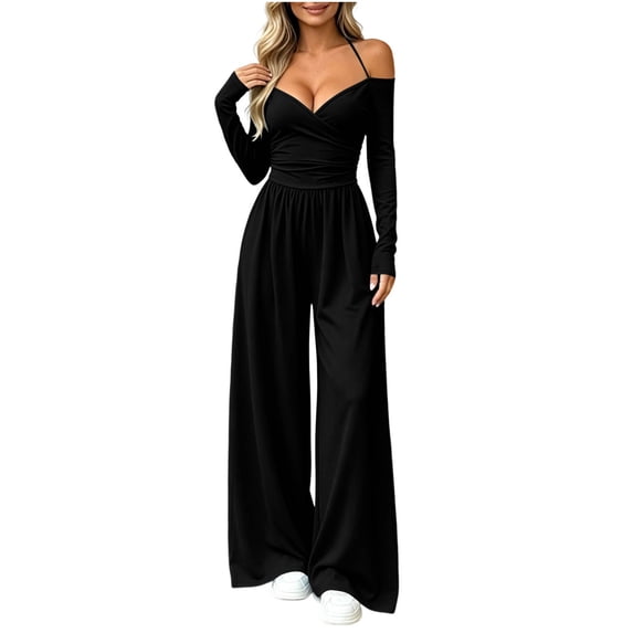 Iyufng Women's Off The Shoulder Strap Wrap V‑Neck Long Sleeve High Waist Casual Wide Leg Jumpsuits