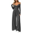 thumbnail image 1 of Iyufng Women's Off The Shoulder Strap Wrap V‑Neck Long Sleeve High Waist Casual Wide Leg Jumpsuits, 1 of 7