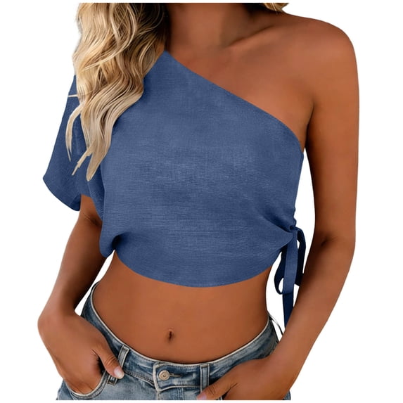 Iyufng Women's One Shoulder Tops Cropped Fitted Shirt with Drawstring