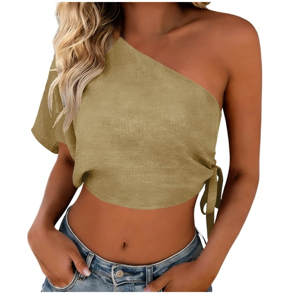 Iyufng Women's One Shoulder Tops Cropped Fitted Shirt with Drawstring