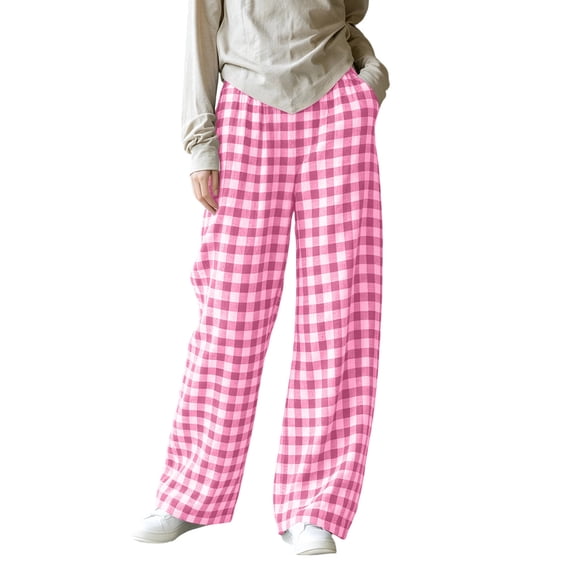 Iyufng Women's Plaid Straight Leg Pants Elastic Waist with Pockets Womens Casual Loose Lounge Pants