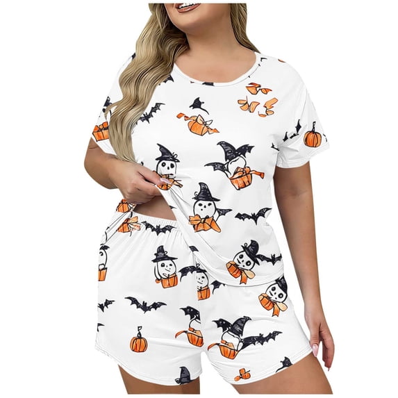 Iyufng Women's Plus Size Halloween Print Pajama Sets Short Sleeve Pullover Top and Shorts 2 Piece Set for Home Wear