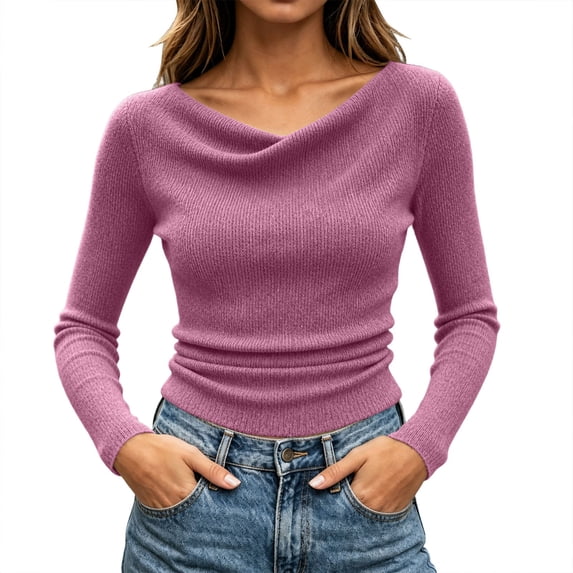 Iyufng Women's Ribbed Cowl Neck Long Sleeve Tops Slim Fit Casual Knit Blouse