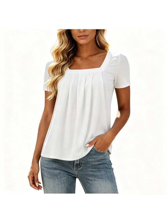 Women's Square Neck Gathered Front Babydoll Short Sleeve Blouse Loose Flow Casual Summer Basic Top