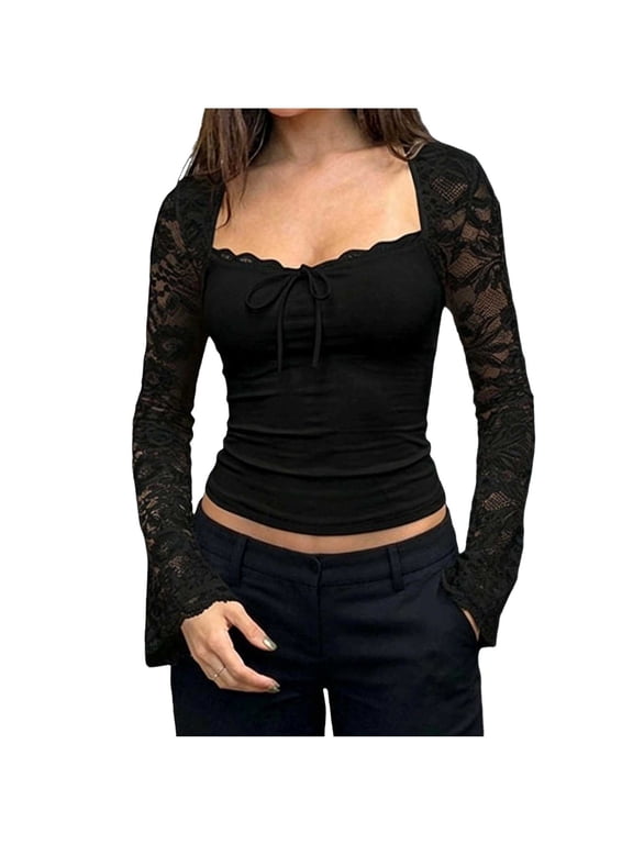 Women's Square Neck Spliced Sheer Lace Cropped Slim Tops Front Tie Flare Long Sleeve Solid Black Daily Blouse