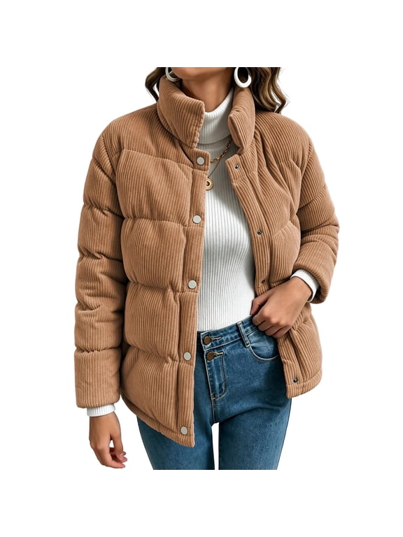 Women's Stand Collar Corduroy Puffer Jackets Snap Button Winter Coat with Side Pockets