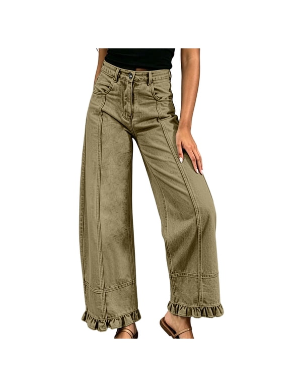 Women's Straight Leg Jeans High Waisted Casual Loose Denim Pants with Cuffed Hems