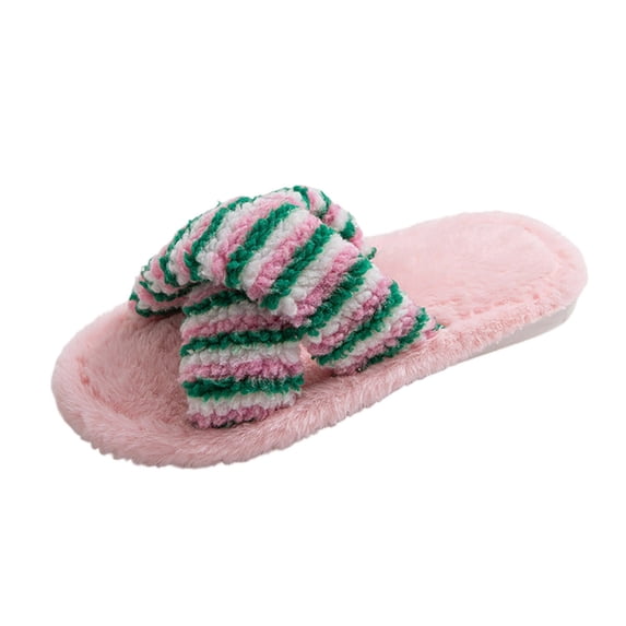 Iyufng Women's Striped Cross Strap Fuzzy Plush Open Toe Slide Slippers Soft Warm Cozy Indoor House Shoes