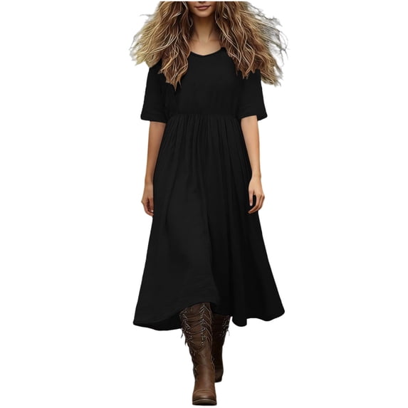 Iyufng Women's Summer Dresses Waist-Cinched Short-Sleeve Flowy Maxi Dress