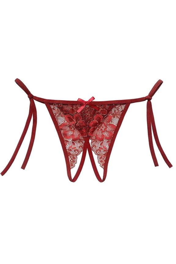 Women's Tie Side Lace Open Crotch Thong Panties Adjustable String Cheeky Low Rise Lingerie Underwear